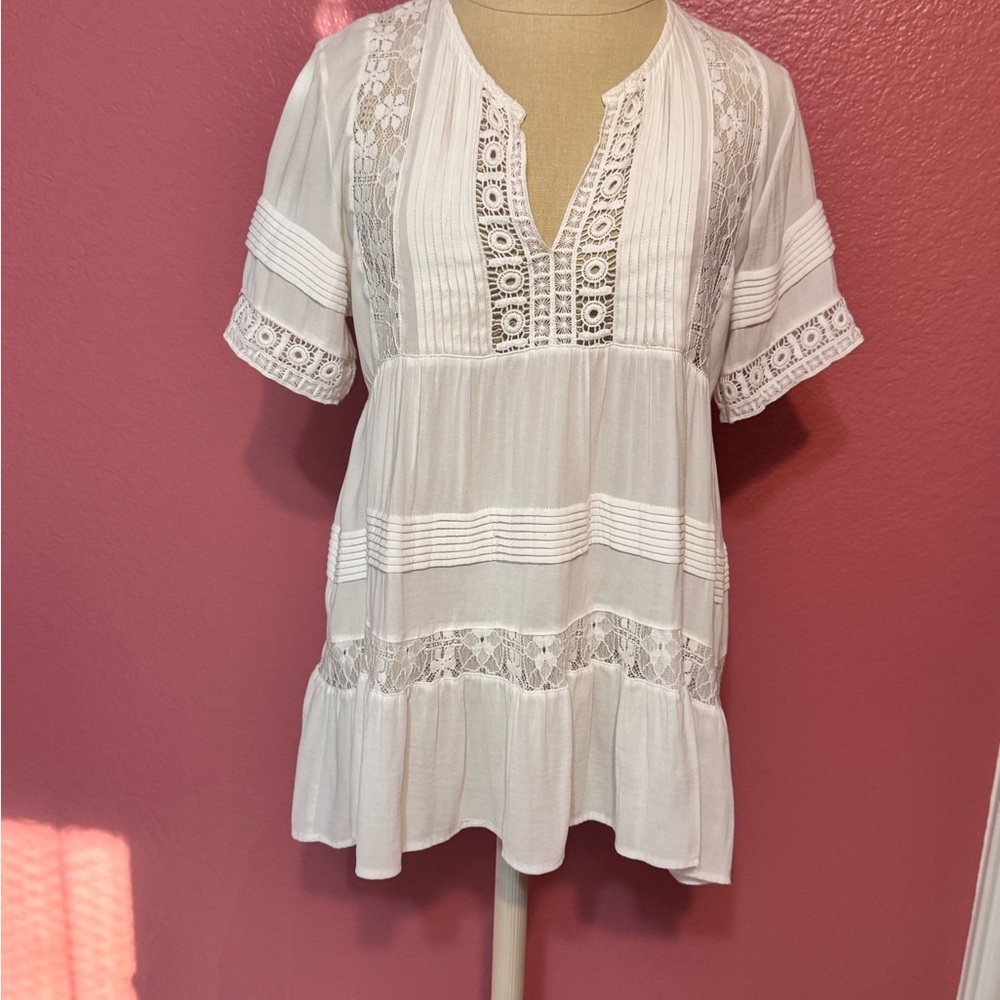 Maeve White Lace Trim Women's Top - Picture 13 of 14